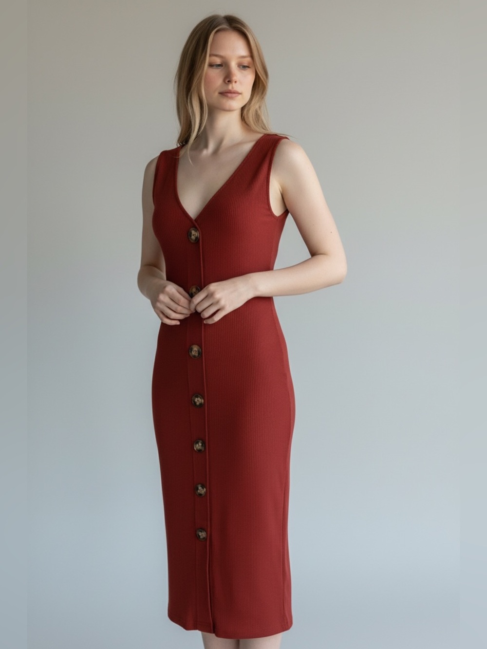 Planet Gold dress, sleeveless, bodycon-style midi garment. Maroon Size Large